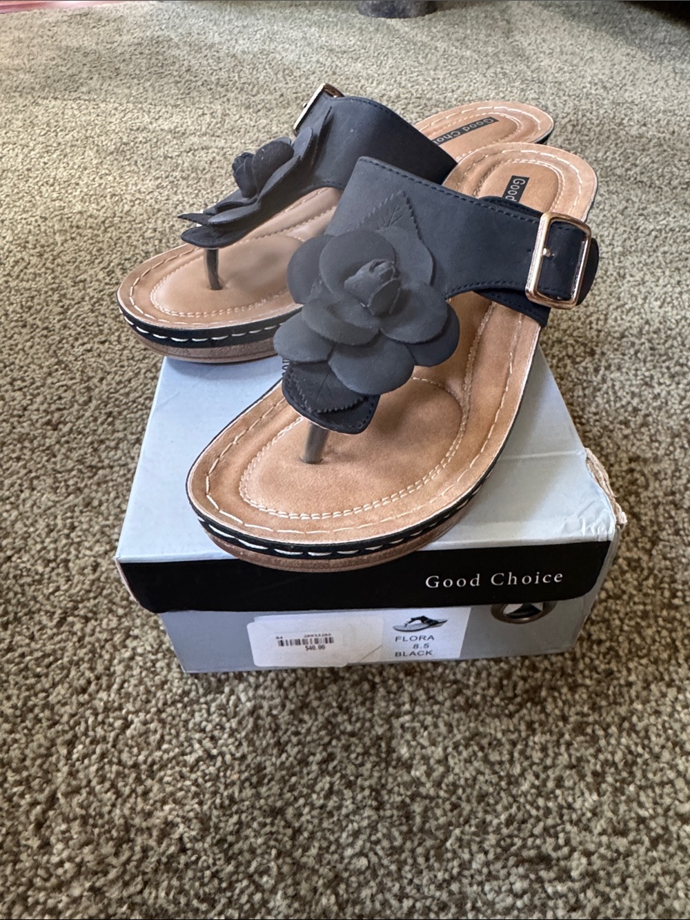 Good Choice Black Floral Thong Sandals with Buckle Strap